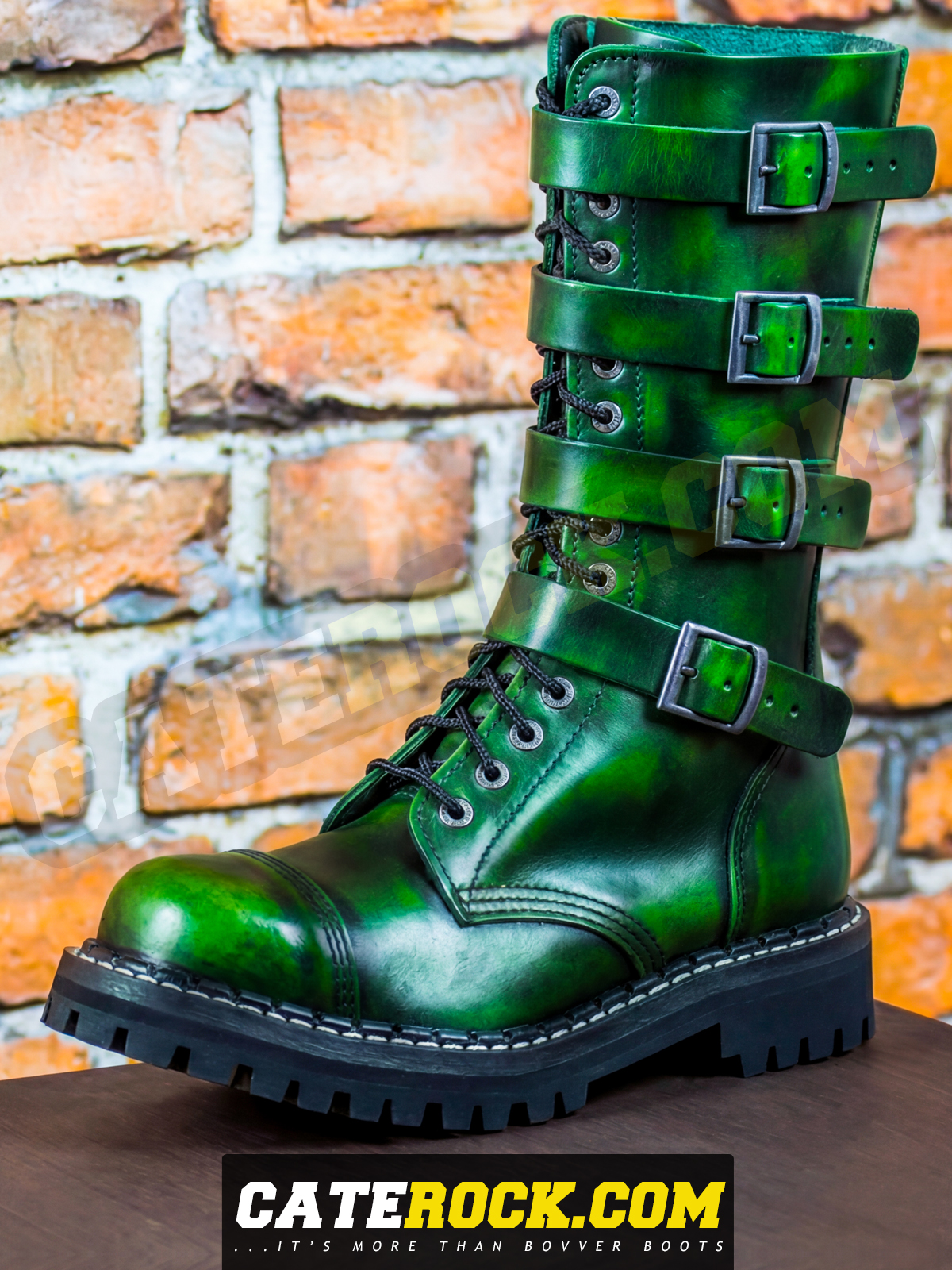 Bovver Boots 15 Eyelet + 4 Buckle (WIPED TO BRIGHT GREEN)