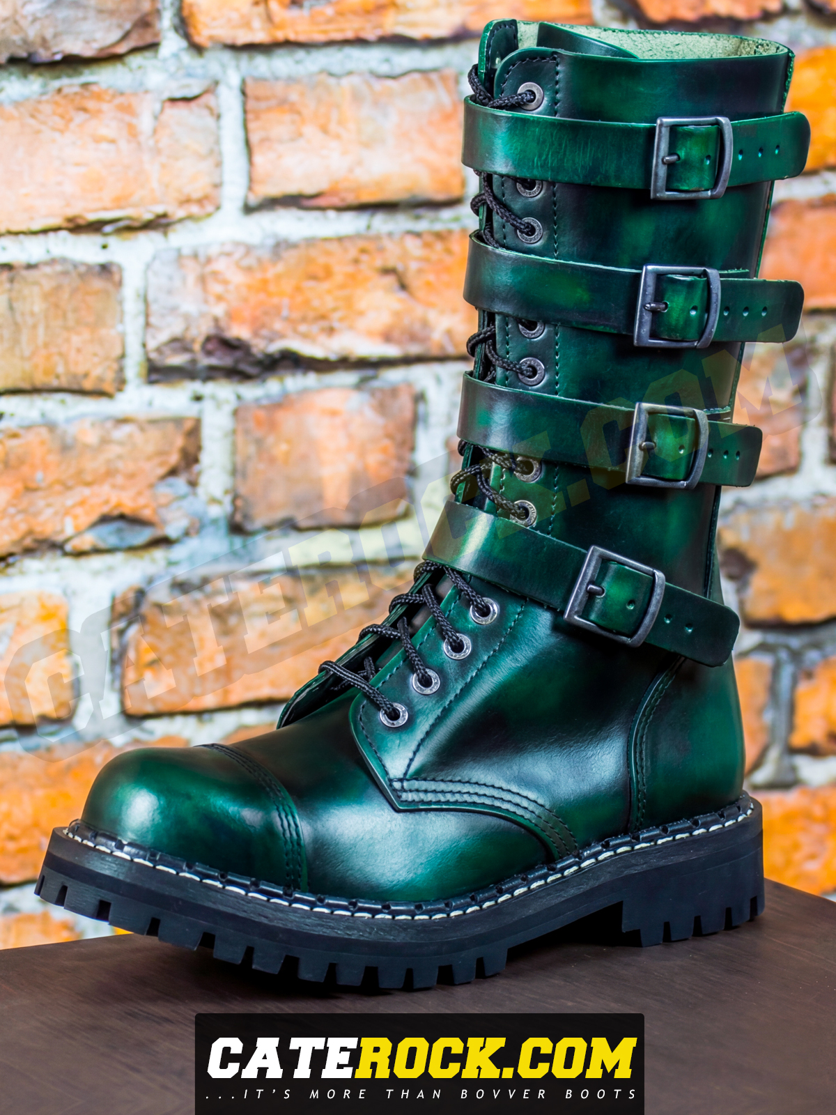 Bovver Boots 15 Eyelet + 4 Buckle (WIPED TO DARK GREEN)